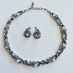 Vintage Crown Trifari Navette Rhinestone Necklace And Earring Set Signed Elegant