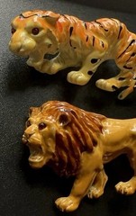 Lind Gal Lion & Tiger Brooches Lot Of 2 Orange Stripes Enamel Figural Pins Vtg