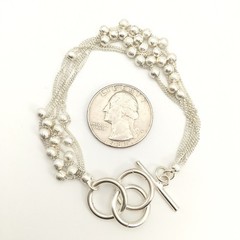 Silver Tone 6 Strand Textured Ball Beaded Curb Chain Toggle Bracelet 7.5” #14