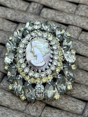 Vintage Signed Hobé Smoky Gray Rhinestone Faux Cameo Brooch Rhodium Plated