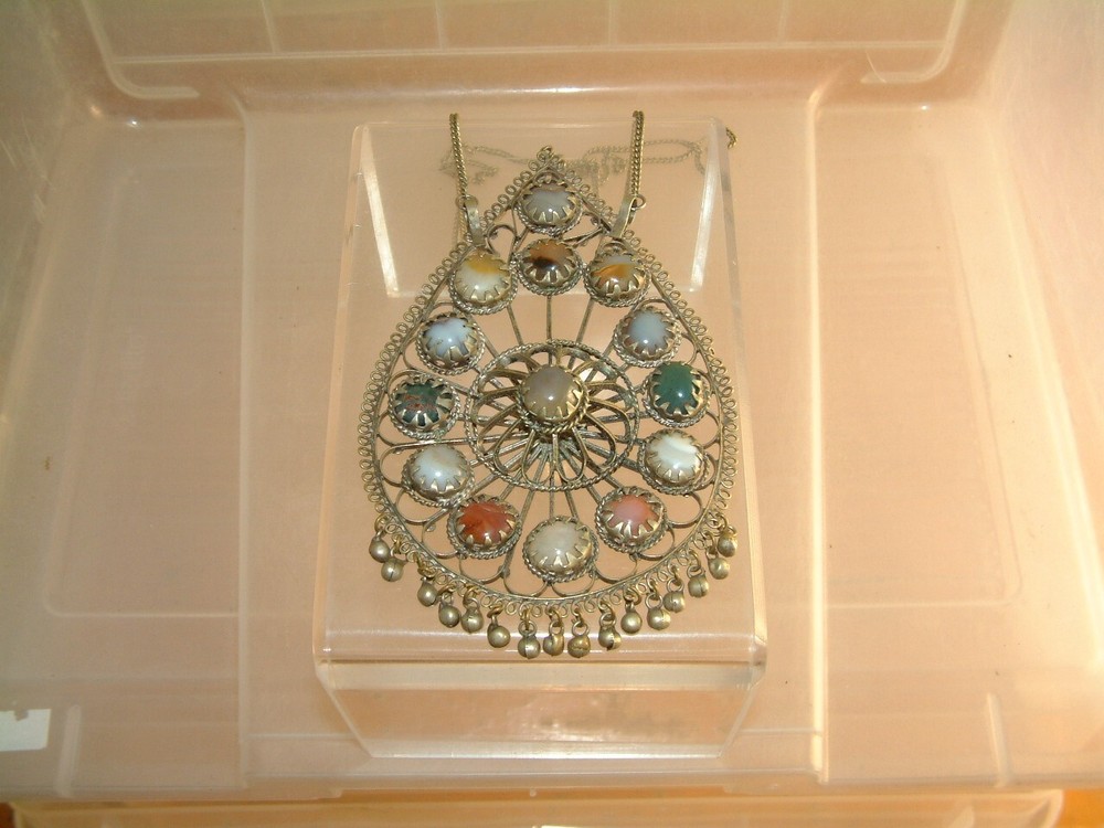 Large Vintage Silver/Bi Metal Gemstone Pendant Chain Necklace India Filigree 5″