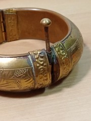 Vintage hinged brass bangle bracelet with etchings/ pin closure Morocco Or India