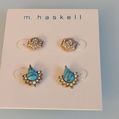 NWT M Haskell Earring Set 2 Pairs Pave Crystal Hexagon & Faux Turquoise Sunburst