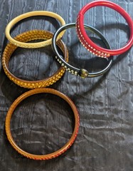Antique/vintage celluloid rhinestone bracelet lot -5 RED BLACK ORANGE WHITE DECO
