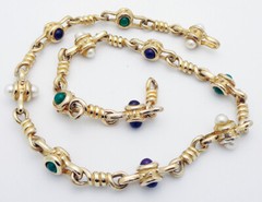 Estate KAREL Pearl & Multistone Link 17.5″ Necklace in Sterling Silver & Vermeil