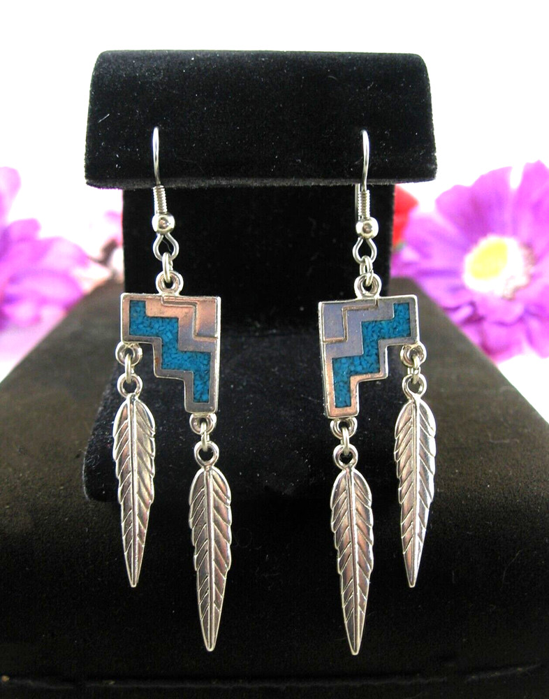 TURQUOISE CHIP Dangling FEATHER EARRINGS Vintage Pierced SW 92 Silvertone 3″