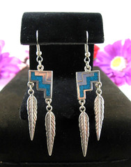 TURQUOISE CHIP Dangling FEATHER EARRINGS Vintage Pierced SW 92 Silvertone 3″