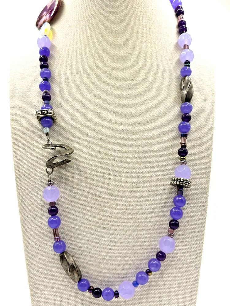 Purple Glass And Silver Metal Charms Art Deco Beaded Necklace 24 Inch