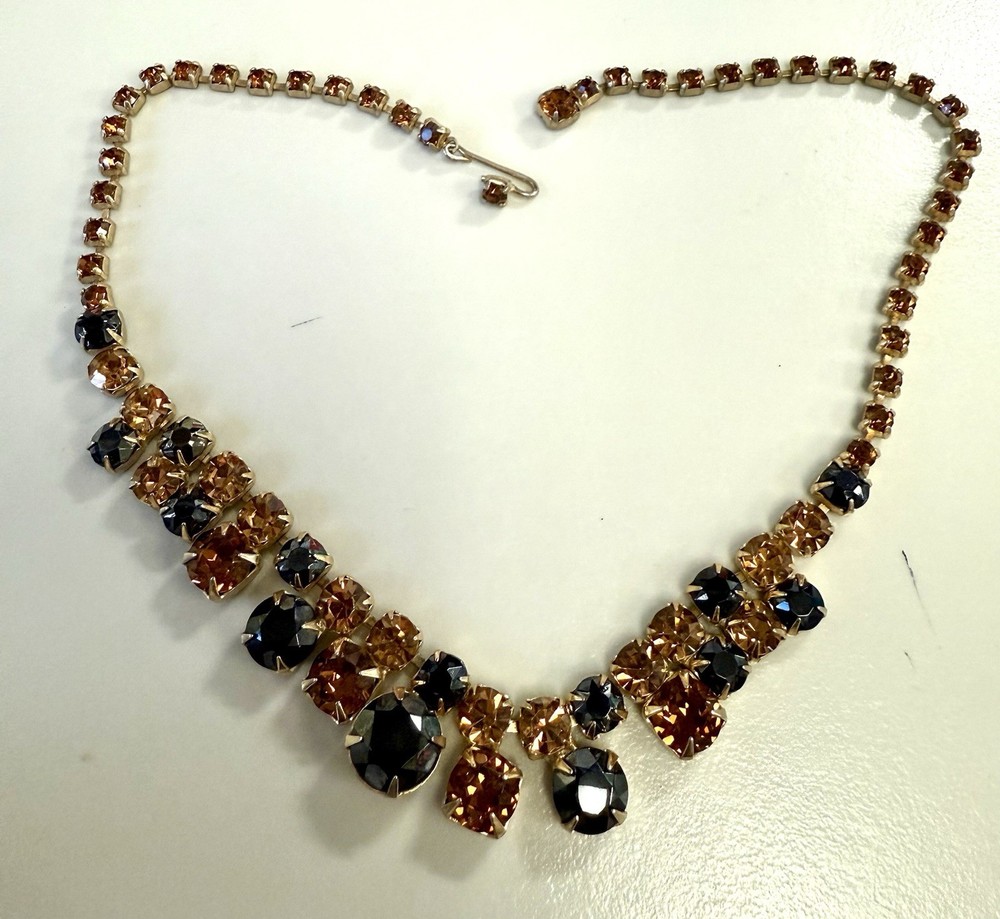1950s Vintage Rhinestone Necklace Amber Topaz Smoky Gray Stones Gold Tone VTG