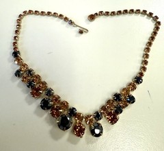 1950s Vintage Rhinestone Necklace Amber Topaz Smoky Gray Stones Gold Tone VTG