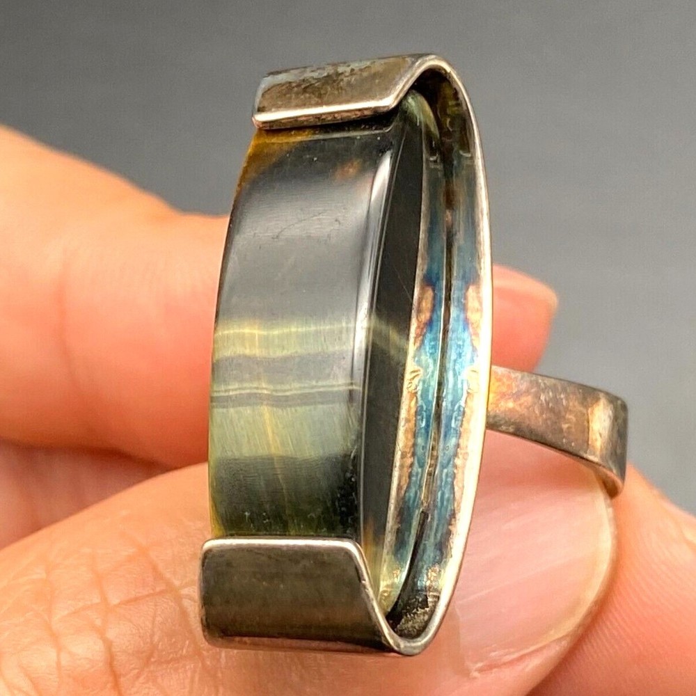 Vintage Modernist Tiger Eye Sterling Silver Dimensional Ring Size 5.25