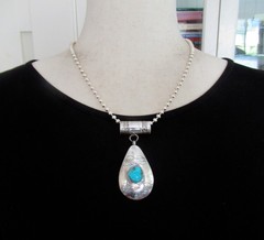 NAVAJO? STERLING PENDANT NECKLACE by AT, 2 1/2 INCHES PENDANT, 19 INCHES CHAIN