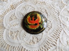 Vintage Hand Painted Firebird Wood Brooch Made In Russia Moscow 1993