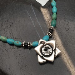 925 Sterling Silver Natural Turquoise & Black Onyx Flower Necklace 20” #42