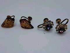 Vtg Lot (2) Pairs Clip Twist On Earrings Gold Tone Fleck Resin Aurora Borealis