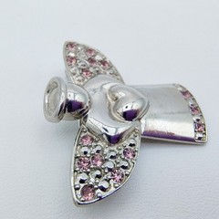 Vintage Angel Holding Heart Brooch Silver Tone Pink Rhinestone Guardian