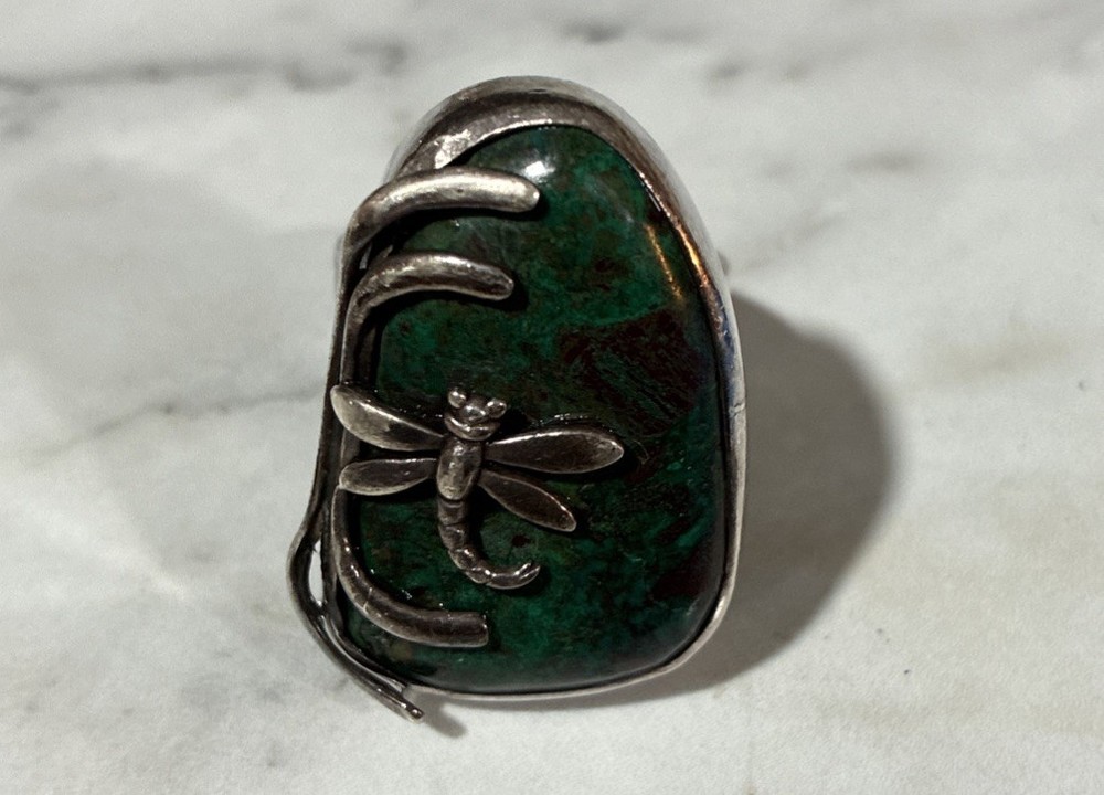 Sterling Silver Vintage Malachite Ring Dragonfly Design Southwestern Vintage