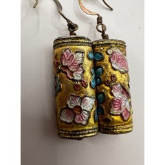 Vintage Cloisonne Style Floral Barrel Dangle Earrings Gold Tone Boho Chic
