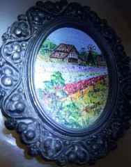 Vintage Brooch Mini Painting Lompoc Flower Field Farm Wine CA. Signd Frame Italy