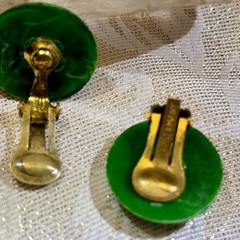 Vintage W Germany Green Enamel Clip On Earrings Mid Century Modern Domed Button