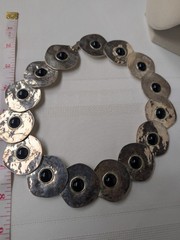 Vintage Silver Toned Hammered Faux Onyx Cab Dramatic Statement Choker Necklace