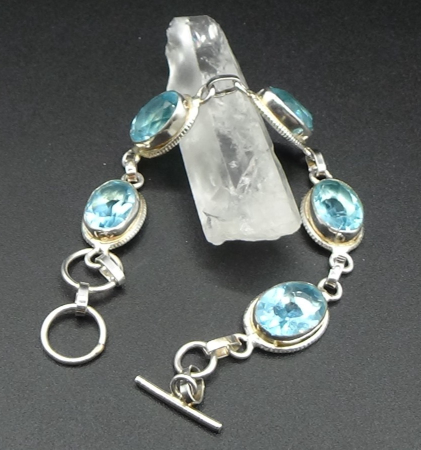925 Sterling Mexico Oval Link Faceted Blue Glass Tennis Bracelet W/ Toggle Clasp