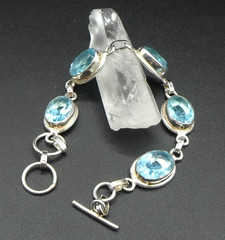 925 Sterling Mexico Oval Link Faceted Blue Glass Tennis Bracelet W/ Toggle Clasp