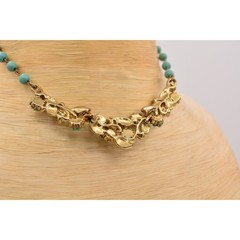 Vintage Floral Aqua Turquoise Beaded Collar Choker Necklace Gold Tone 60s Bin3D