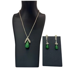 Vintage Signed Kramer Green Faux Jade Teardrop Necklace Earrings Set Rhinestones