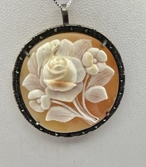Vintage Carved Shell Rose Cameo Pin Brooch Pendant High Relief 800 Silver Frame