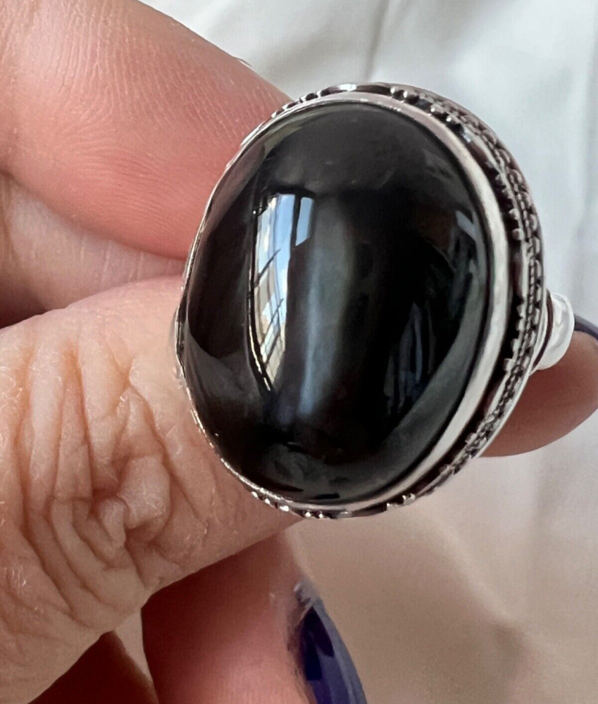 VINTAGE HUGE BLACK STAR CATS EYE MOONSTONE ? CABOCHON 925 STERLING SILVER RING