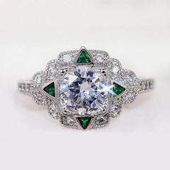 Art Deco Round Lab Created Diamond & Emerald Wedding 14K White Gold Finish Ring