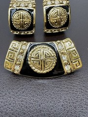 Vintage LR Lady Remington GoldTone Black Enamel Rhinestone Earrings Pendant Set