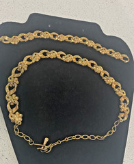 Vintage Signed Karu Yellow & Brown RS Gold Tone Etched Link Necklace & Bracelet