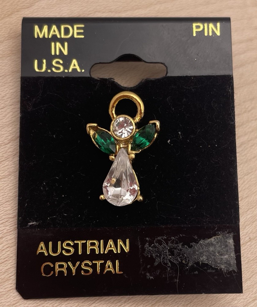 Vintage Christmas Angel Brooch Green Clear Austrian Crystal Lapel Pin