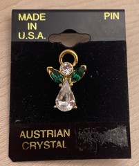 Vintage Christmas Angel Brooch Green Clear Austrian Crystal Lapel Pin