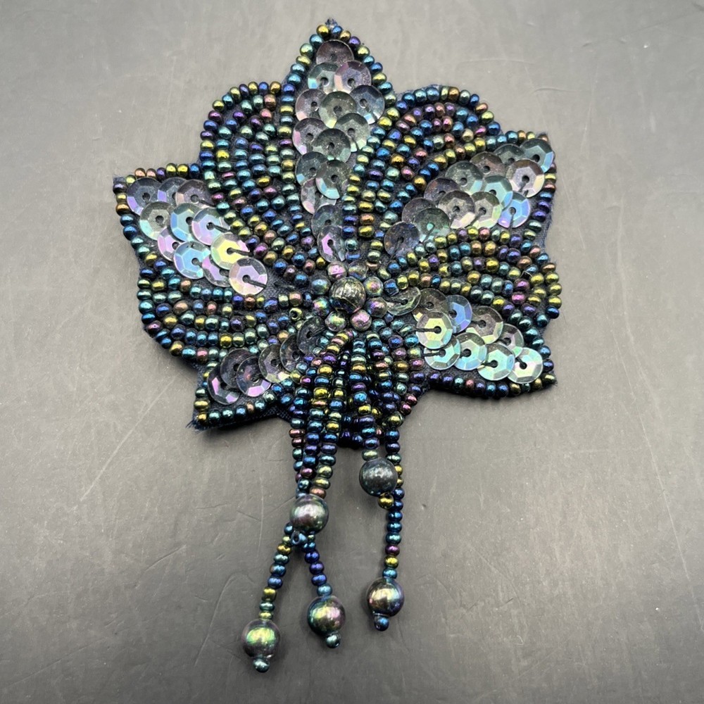 Blue Sequin Beaded Brooch Pin Flower Floral 80s Iridescent Peacock Tone Vintage
