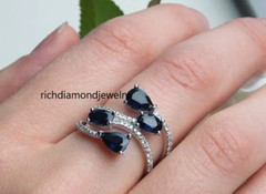 Solid Pear & Oval Shape 6.35CT Blue Sapphire With Round Cut Clear CZ Ring Band