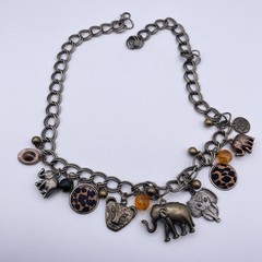 Vtg Elephant Bronze Tone Lion Charm Chunky Link Safari Statement Necklace 22″