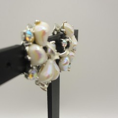 Vintage Rhinestone Earrings Iridescent Enamel Silver Tone Clip On ONE MISSING AB