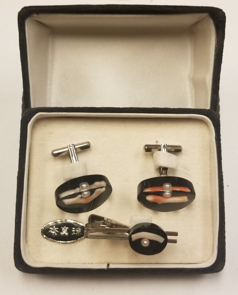 Vintage Japanese Cufflinks & Tie Bar Boxed Set Real pearl & Coral ~estate