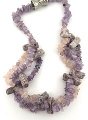 Fossil Coral Amethyst Rose Quartz Multi Strand Necklace Boho 20in