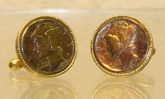 Vintage Pair Silver Mercury Head Dime 1943 & 1944 Cufflinks Gold Tone Settings