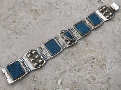 ✨🏜️VTG STAMPED TAXCO STERLING SILVER Turquoise Panel STATEMENT Bracelet Estate