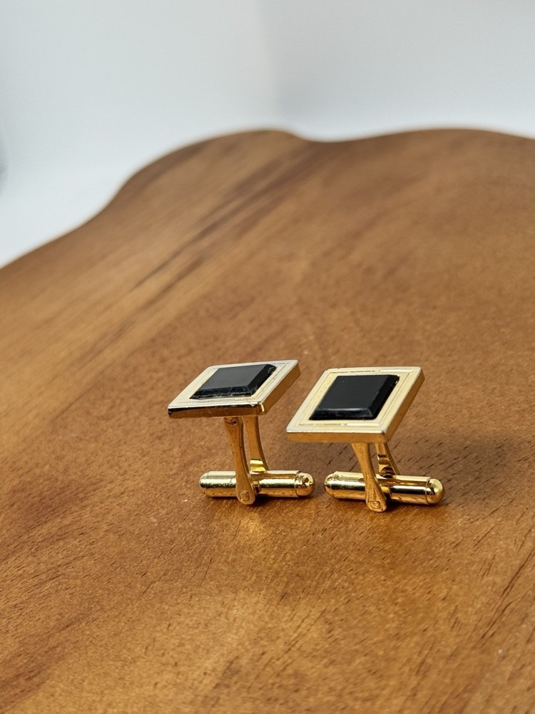 Vintage Cufflinks Square Gold-tone W/ Black Inlay Bullet Back Mens