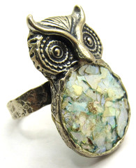 VINTAGE STERLING SILVER ROMAN GLASS 200 B.C FRAGMENTS OWL RING MOSIAC SIZE 9 RL