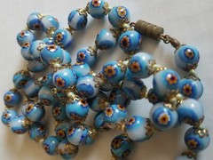 Vintage Murano Millefiori Glass Bead Necklace 28″ Long Venetian Blue Flower