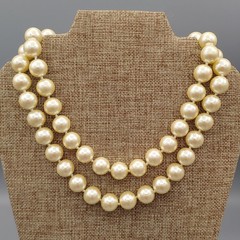 CAROL LEE Faux Chunky Pearl Double Strand Choker Necklace Pendant Gold Toned 30″