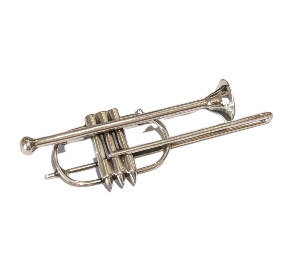 Vtg Solid Sterling Silver Trumpet Musical Instrument Horn 3.25″ Pin Brooch 21 Gr