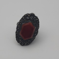 Antique Art Deco Gothic Carnelian Markasite Sterling Silver Vintage Ring Size 6